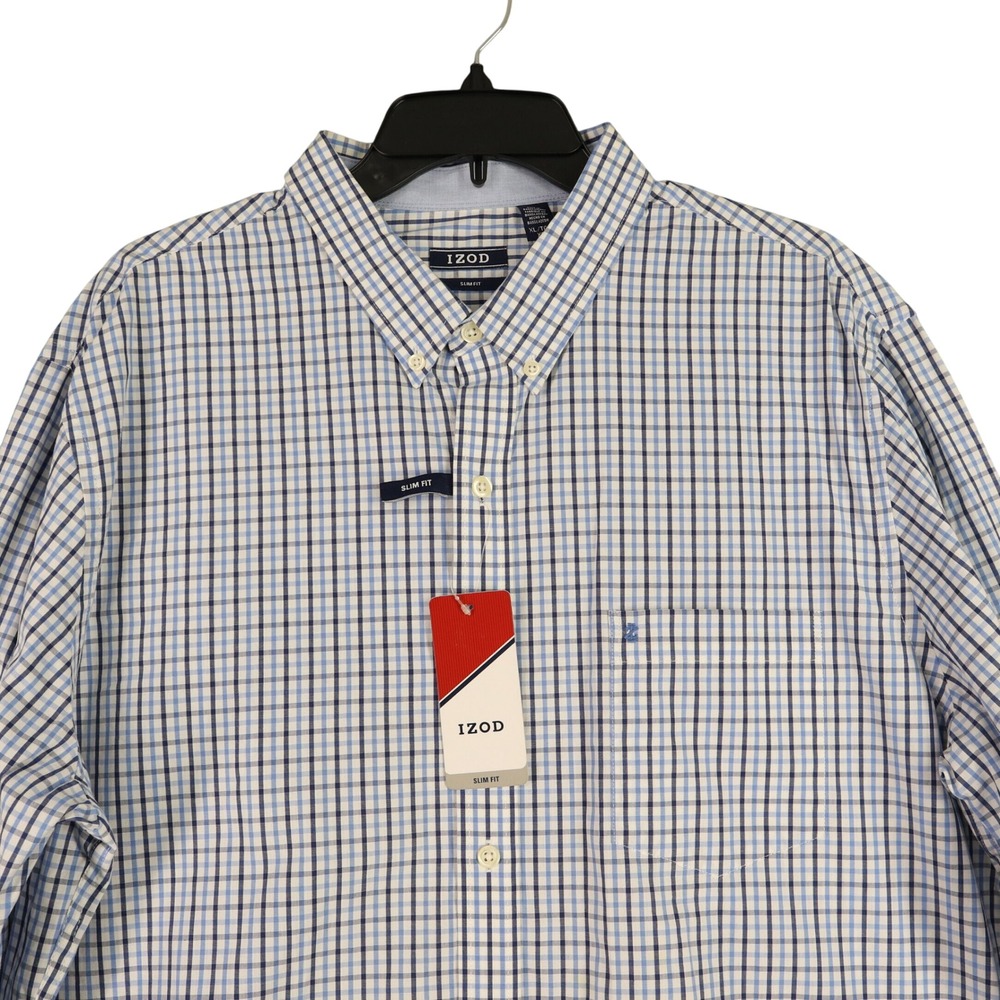 IZOD Business Casual Shirt Mens XL Slim Fit Micro Check Plaid Long Sleeve Office